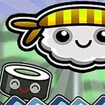 Uśmiechnięta chmura z opaską w żółte paski obok uśmiechniętego kawałka sushi na tle zielonych wzorów