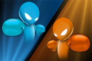 Dwa postacie w rękawicach bokserskich: niebieska z lewej, pomarańczowa z prawej, patrzą na siebie z intensywnym oświetleniem i dynamicznym tłem