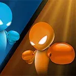 Dwa postacie w rękawicach bokserskich: niebieska z lewej, pomarańczowa z prawej, patrzą na siebie z intensywnym oświetleniem i dynamicznym tłem