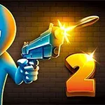 Niebieska postać trzymająca pistolet z żółtym błyskiem i cyfrą 2 obok