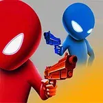 Czerwony i niebieski animowany stwór trzymający pistolety na szarym tle