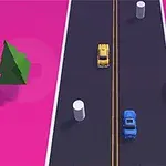 Dwa samochody na ciemnej drodze z przeszkodami, otoczone różowym krajobrazem, drzewem i owcami