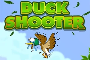 Napis Duck Shooter w zielonym kolorze nad animowanym rysunkiem przerażonej kaczki z rozpostartymi skrzydłami lecącymi wśród zielonych liści na tle błękitnego nieba