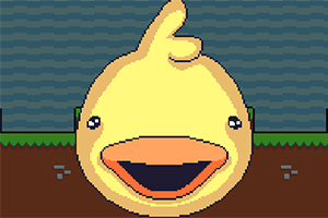 Duży, uśmiechnięty żółty kaczor na tle niebiesko-brązowego pikselowego krajobrazu