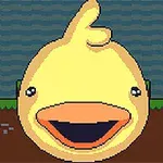 Duży, uśmiechnięty żółty kaczor na tle niebiesko-brązowego pikselowego krajobrazu