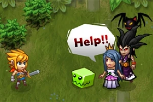 Postać z mieczem w lesie naprzeciwko księżniczki, potwora i zielonego stworka z dymkiem Help!