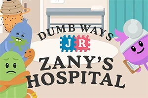 Kolorowe, zabawne postacie w szpitalnym otoczeniu z napisem Dumb Ways JR Zanys Hospital