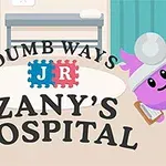 Kolorowe, zabawne postacie w szpitalnym otoczeniu z napisem Dumb Ways JR Zanys Hospital