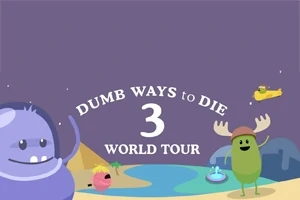 Fioletowe tło z postaciami kreskówkowymi obok napisu Dumb Ways to Die 3 World Tour