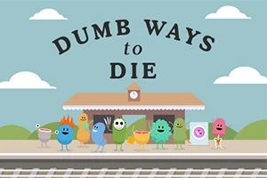 Kolorowe postacie stojące na stacji kolejowej z napisem Dumb Ways to Die na niebieskim tle