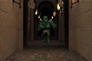 Zielony ork z toporem stoi w oświetlonym pochodniami kamiennym korytarzu