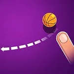 Palec wskazujący celuje piłkę do koszykówki w stronę kosza na fioletowym tle z zaznaczoną trajektorią lotu
