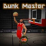 Koszykarz w czerwonym stroju z numerem 23 wykonujący wsad piłki w czarno-czerwone atrybuty boiska do koszykówki z napisem Dunk Master na tle