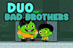Zielone postacie z kreskówki w pomarańczowych kombinezonach na tle wyjścia, z napisem DUO BAD BROTHERS u góry