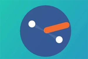 Niebieskie koło na zielonym tle z dwoma białymi kropkami połączonymi pomarańczową linią