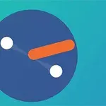 Niebieskie koło na zielonym tle z dwoma białymi kropkami połączonymi pomarańczową linią