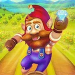 Krasnoludek w czerwonej czapce i niebieskich ogrodniczkach biegnie wzdłuż ścieżki trzymając kryształ, w otoczeniu bujnych sadów i zielonych wzgórz