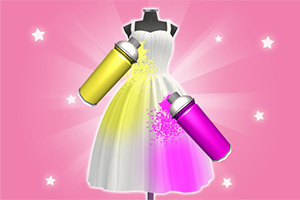 Biała sukienka na manekinie ozdabiana żółtym i różowym sprayem na różowym tle z gwiazdkami