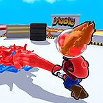 Postacie z kreskówki strzelające kolorowymi strumieniami farby na arenie z przeszkodami