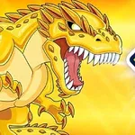 Żółty, animowany smok na jasnym tle z liczbą 10 po prawej stronie