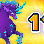 Fioletowy, bajkowy jednorożec z dwoma rogami na tle żółtej poświaty z numerem jedenaście obok