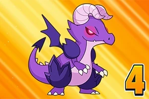 Fioletowy, rysunkowy smok z rogami, czerwonymi oczami i numerem 4 w dolnym rogu na pomarańczowo-żółtym tle