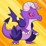 Fioletowy, rysunkowy smok z rogami, czerwonymi oczami i numerem 4 w dolnym rogu na pomarańczowo-żółtym tle