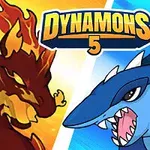 Na obrazie przedstawiona jest postać z płomieniami po lewej stronie oraz niebieska, rekinopodobna postać z kolcami po prawej, z napisem Dynamons 5 pośrodku u góry