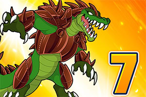 Zielony, humanoidalny krokodyl z brązowym pancerzem na tle pełnym promieniujących żółtych i pomarańczowych świateł oraz dużą cyfrą 7