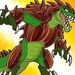 Zielony, humanoidalny krokodyl z brązowym pancerzem na tle pełnym promieniujących żółtych i pomarańczowych świateł oraz dużą cyfrą 7