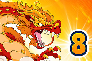 Pomarańczowo-czerwony smok z otwartymi szczękami na tle promieniującym światłem z numerem osiem obok