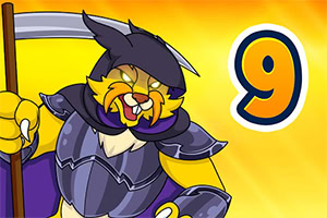 Żółty kot ubrany w zbroję i trzymający kosę na tle jasnożółtym z dużą cyfrą dziewięć