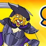 Żółty kot ubrany w zbroję i trzymający kosę na tle jasnożółtym z dużą cyfrą dziewięć