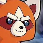 Czerwony lisek z kreskówki z białymi uszami i oczami, z grymasem na twarzy na tle krajobrazu z kamieniami