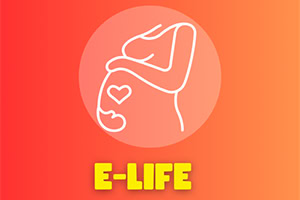 Logo z czerwoną sylwetką płodu na białym tle, z żółtym napisem BitLife na dole
