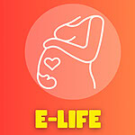 Logo z czerwoną sylwetką płodu na białym tle, z żółtym napisem BitLife na dole