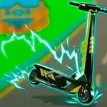 Elektryczna hulajnoga otoczona błyskawicami na kolorowym tle