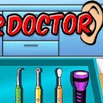 Czerwony napis Ear Doctor z ilustracją uszu i zestawem narzędzi medycznych na niebieskiej tacy