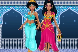 Dwie postacie w kolorowych, orientalnych strojach stoją na tle ozdobnych arkad