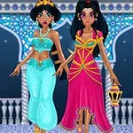 Dwie postacie w kolorowych, orientalnych strojach stoją na tle ozdobnych arkad