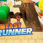 Kolorowa scena z postacią biegnącą w wąskim alejkowym otoczeniu z przeszkodami i logo EAST RUNNER