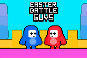 Niebieska i czerwona postać w pikselowym stylu stoją naprzeciw siebie na tle kolorowego krajobrazu z napisem Easter Battle Guys