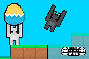 Postać w stylu pixel art trzyma kolorowe jajko, a obok leci czarny, kanciasty obiekt na niebieskim tle