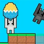 Postać w stylu pixel art trzyma kolorowe jajko, a obok leci czarny, kanciasty obiekt na niebieskim tle