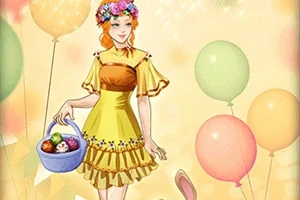 Kobieta w żółtej sukience z wiankiem na głowie trzymająca koszyk z pisankami, otoczona kolorowymi balonami