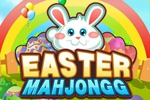 Królik wielkanocny z napisem Easter Mahjongg na tle kolorowych pisanek, tęczy i balonów