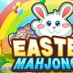 Królik wielkanocny z napisem Easter Mahjongg na tle kolorowych pisanek, tęczy i balonów