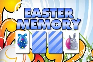 Niebieski napis Easter Memory nad trzema kartami z motywami wielkanocnymi, w tym pisanką i królikiem, na kolorowym tle