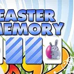 Niebieski napis Easter Memory nad trzema kartami z motywami wielkanocnymi, w tym pisanką i królikiem, na kolorowym tle