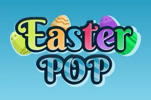 Napis Easter POP na tle kolorowych pisanek z jasnoniebieskim gradientem w tle